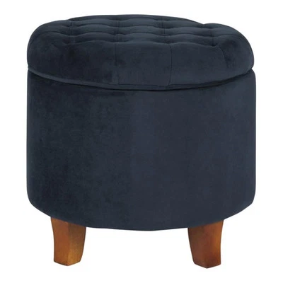 HomePop Round Transitional Wood and Velvet Ottoman with Storage in Dark Blue - Image 1 of 4