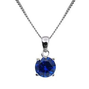 6mm ROUND LAB CREATED BLUE SAPPHIRE 925 STERLING SILVER PENDANT CHAIN NECKLACE - Picture 1 of 3