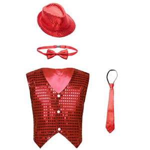 US Kids Boys Waistcoat Vests Jacket Sequins Costume with Hat and Bowtie Necktie - Picture 1 of 85