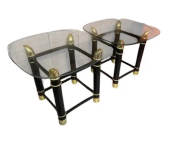 Vintage Italy MCM Brass and Glass Side Table 70s Horn Brass Black Side Table Set - Image 1 of 4