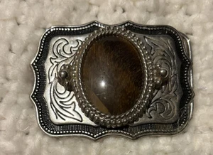Classic Western Style Silver & Bk Belt Buckle. 3”.Large Oval Brown & Gold Stone - Picture 1 of 4