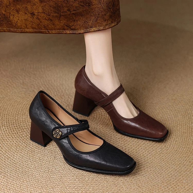 Женщин 2024 моды овчины квадратный носок блок каблук скольжения на Мэри Джейн туфли MOEO - Изображение 1 из 4