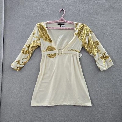 Rocawear Women Blouse L White Geometric Buckle Metallic V-Neck Pullover NWT - Image 1 of 4