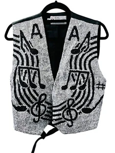JC USA Vintage 80's Sequin Musical Notes Silver Black Vest Color Block Bling - Picture 1 of 6