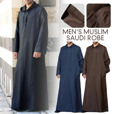 Abito vestito uomo musulmano arabo saudita manica lunga arabo islamico Thobe caftano M-5XL - Immagine 1 di 4