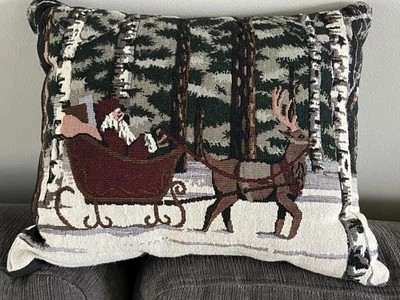 Christmas Tapestry  Pillow Santa in Sleigh 14 1/2  x 12  No Tags EUC - Image 1 of 3