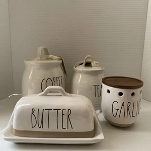 Rae Dunn Kaffee Tee Knoblauch Butter Kanister Glas Landhaus Stil Set NEU - Bild 1 von 4