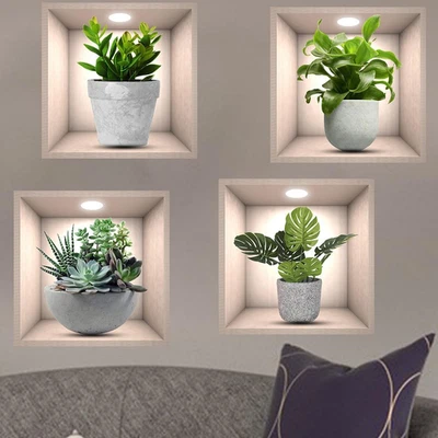 Pegatina de pared 3D plantas verdes, 4 piezas jarrones flores pegatinas 3d Foto 1 de 4