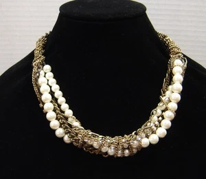 Vtg Twisted Multi-Strand Necklace | Gold Tone Chain, Faux Pearls & Rhinestones - Picture 1 of 6