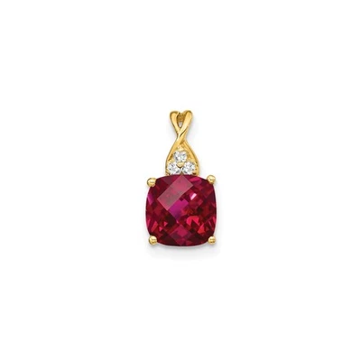 14k Yellow Gold Pendant Cushion Cut Red Gemstone Diamond Floral Cluster Necklace - Image 1 of 4