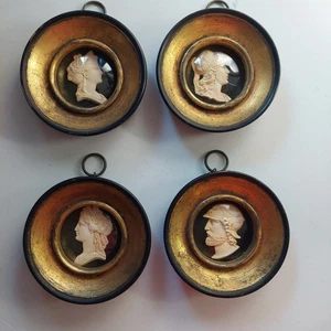 Vintage Miniatur Kamee Wandkunst mit rundem Holz vergoldetem Rahmen & Blasenglas - 4er Set - Bild 1 von 14