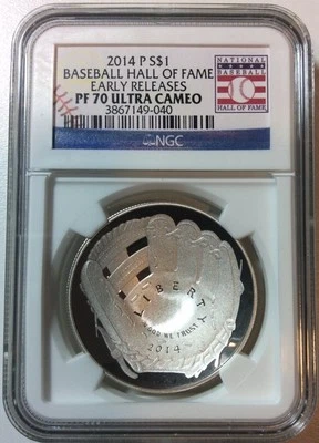 2014-P Proof $1 Silver Baseball HOF Hall of Fame NGC PF70 UC Early Release - Image 1 of 4
