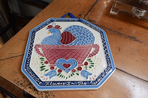 Vintage '87 Hen Basket Folk Art Ceramic Hanging Tile Friendship J Duban Designs Cover
