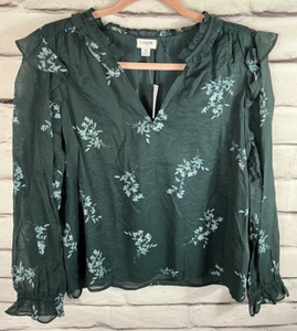 NWT J Crew Women's Size S Teal Green Floral Long Sleeve Ruffled Blouse - Picture 1 of 6