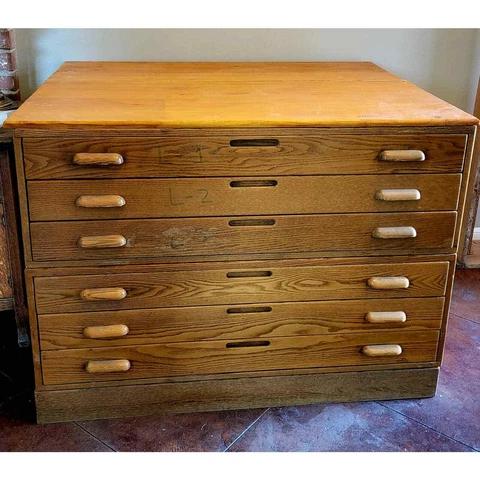 Rare Antique Hamilton Oak Map blue print flat file industrial wood cabinets Cover