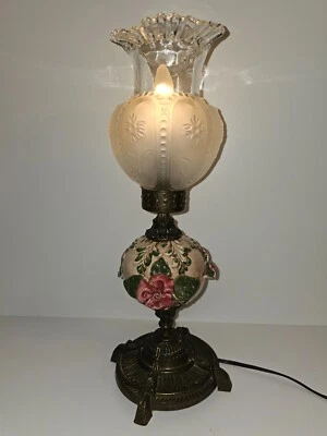 Vintage Italian Table Lamp – Embossed Floral Shade w/ Ruffled Rim – 17.5” Tall - Image 1 of 4