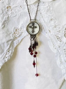 Collage Art Necklace Silver Tone Crosses Red 22” Drop Handcrafted OOAK - Picture 1 of 12