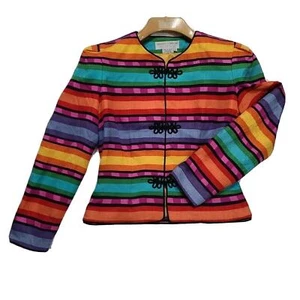 VINTAGE Maggy London Womens Blazer Multicolor Striped Silk Sz 6 SHOULDER PADS - Picture 1 of 12
