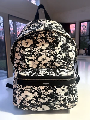 YSL Saint Laurent Black & White Hibiscus MENS Backpack, $1150 RETAIL  - Image 1 of 4