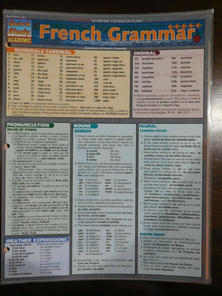 Barcharts French Grammar Quick Study Guide - Image 1 of 1