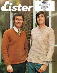~ Vintage 70er Jahre Lister Strickanleitung für Herren Rund- & V-Ausschnitt Pullover ~ - Bild 1 von 1