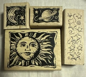 Sun Moon Saturn Planet Celestial Swirl Star Rubber Stamp Set Of 4 Crescent Man - Picture 1 of 4