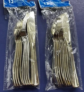 SET AUS ZWEI GOLD KUNSTSTOFF 12-TEILIGEN BESTECKSETS NEU IN VERPACKUNG SEHR HÜBSCH! - Bild 1 von 6