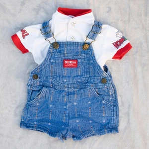 Vtg Oshkosh Denim Embroidered Baseball & Bat Shortall w Matching Shirt 6-9 Mos - Picture 1 of 24