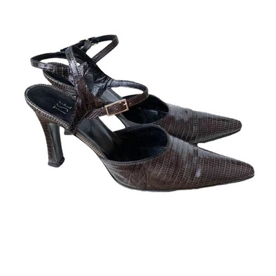 TSE Women Brown Patent Snake Skin Pointed Toe Ankle Buckle Heeled Pumps Sz 38 - Image 1 of 4