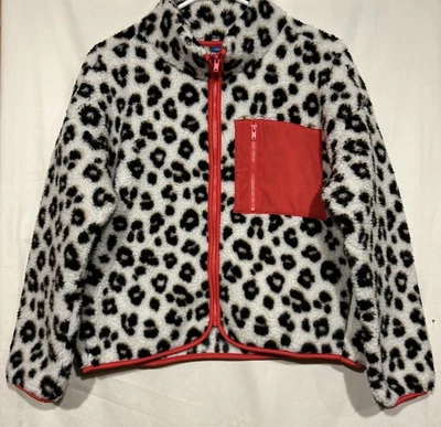 Old Navy Leopard Print Fuzzy Sherpa Type Jacket XL Full Zip Hot Pink Trim - Image 1 of 4