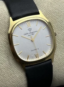 Vintage 1980s JULES JURGENSEN Men’s 32mm Quartz Watch Gold Cream Dial Leather - Picture 1 of 10