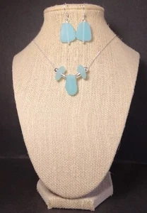 OPAQUE SEAFOAM handmade Sea Glass Jewelry SET Beach glass necklace + earrings - Picture 1 of 6