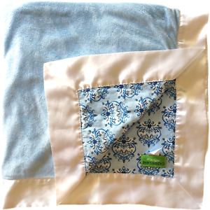 Caden Lane Nursery Blue Damask Baby Boy Blanket White Satin Trim Lovey Soft