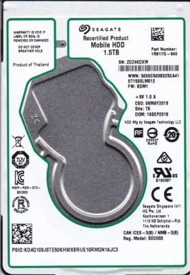 ST1500LM012 p/n: 1R817G-500 s/n: ZDZ f/w: SDM1 TK 2018 1.5TB SATA 2.5" HDD 7927 - Image 1 of 4