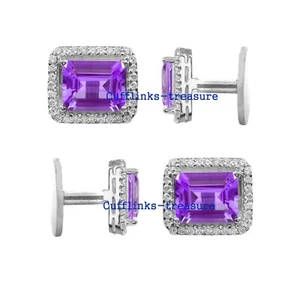 Natural Amethyst & CZ Gemstones with 925 Sterling Silver Tuxedo Buttons set #744 - Picture 1 of 6