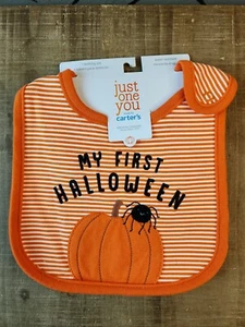Just One You Carter's Striped Infant Bib "MY FIRST HALLOWEEN" Pumpkin Spider - Picture 1 of 5