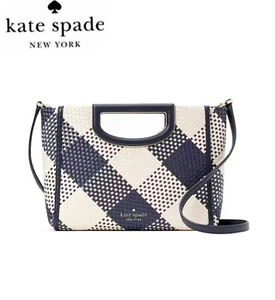 🔥NWT KATE SPADE ALEXIA GINGHAM CROSSBODY STRAW/LEATHER BLAZER BLUE SHOULDER BAG - Picture 1 of 4