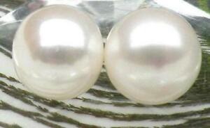 Large 13-14mm AAA++ white south sea natural pearl earrings 14k yellow gold STUD