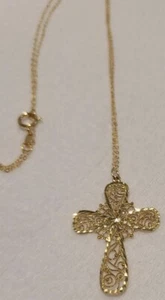 Solid 14k Yellow Gold Pendant Cross  Charm & 18" Chain Religious ITALY Necklace - Picture 1 of 11