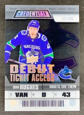 2019-20 Upper Deck Credentials QUINN HUGHES Debut Ticket Access Rookie RC SP /99 - Image 1 of 2