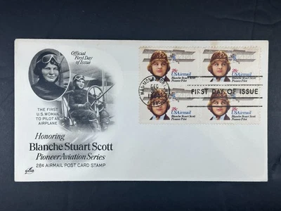 US FDC 1980 Blanche Stuart Scott 28c Airmail Block of 4 Woman Pilot Cover a660 - Image 1 of 2