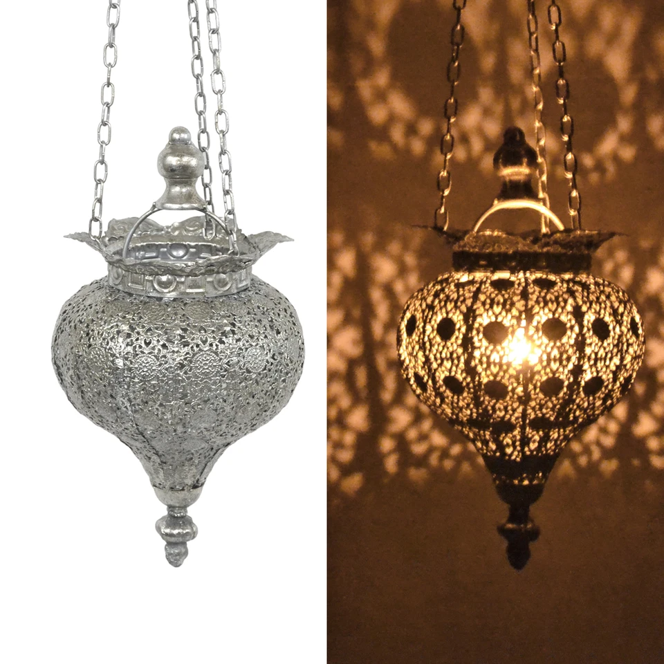 PierSurplus Antique Silver Oriental Metal Hanging Pendant Light Candle Lantern -