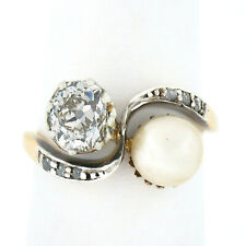 Antique Victorian 18k Gold & Silver Old Mine Cushion Diamond & Pearl Bypass Ring