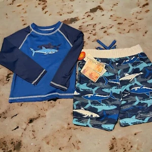 Big Chill Boy Swimsuit Set Trunks Rash Guard Shirt Blue Sharks UPF 50 Sz 4 NWT - Picture 1 of 4