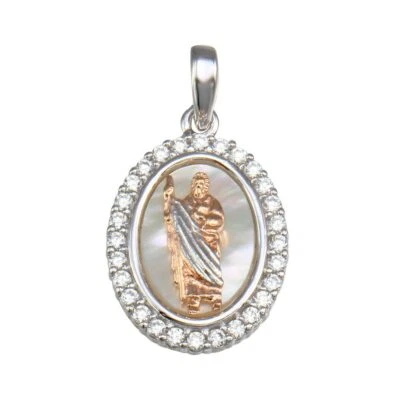 Argento Sterling St. Giuda Bicolore Ovale Medaglione Ciondolo W/ Madreperla e Cz - Immagine 1 di 2