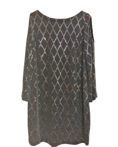 JHoward, 20W formal midi black shimmer long cut out bell sleeve dress, geometric - Picture 1 of 13