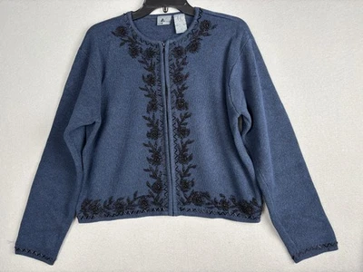 Suéter Lizwear Mujer Medio Azul Cremallera Completa Cárdigan Cuentas Floral Algodón Tejido Foto 1 de 4