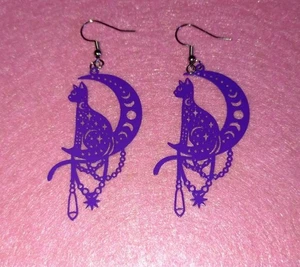Celestial Cat Earrings Lightweight Purple Stainless Steel Moon Phase Style NEW - Picture 1 of 5
