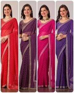 Sari de seda Georgette pesado Festival Wear con blusa para mujeres y niñas - Imagen 1 de 17