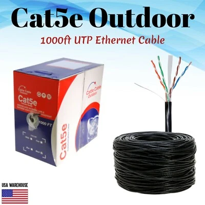 1000ft Cat5e Cat5 Outdoor Ethernet Cable UV Rated UTP Solid Direct Burial Black - Image 1 of 4